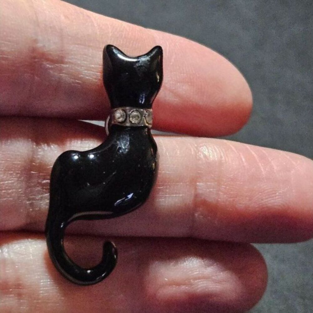 Silver tone black kitty cat brooch clear rhinestone